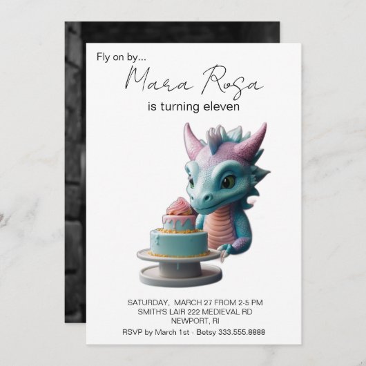 *~*パステルドラゴンケーキ写真AP88誕生日パーティー 招待状 (正面/裏面)