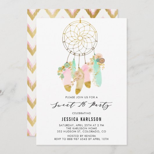 パステルドリームキャッチャーフェイクゴールドフォイルスウィート16パーティー 招待状 (正面/裏面)
