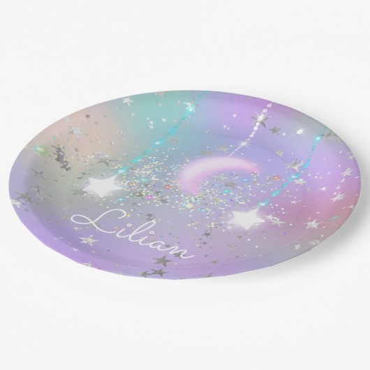 パステルナイト白熱［赤熱］光を放つスカイムーンスターグリッターかわいい ペーパープレート (アングル)