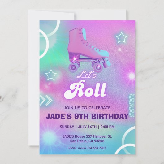 パステルネオンローラスケートで滑るバースデーパーティー 招待状 (正面)