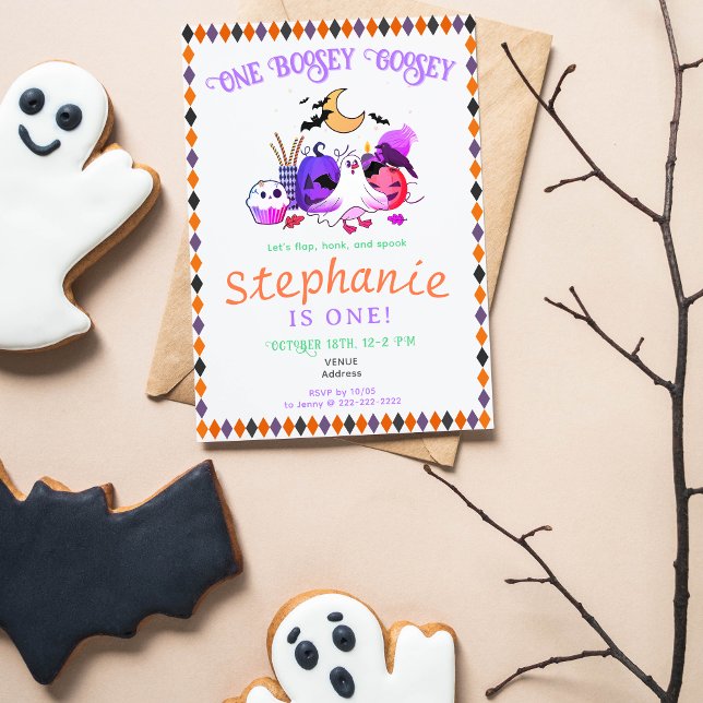 パステルハロウィーングーストドラーニーエイジ誕生日 (Pastel Halloween Goose Toddler Any Age Birthday Party Invitation. Spooky Boo-sey Goose, Ghost Goose)