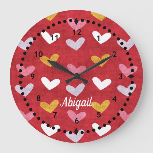 パステルハートオンレッドウォールクロック ラージ壁時計 (正面)