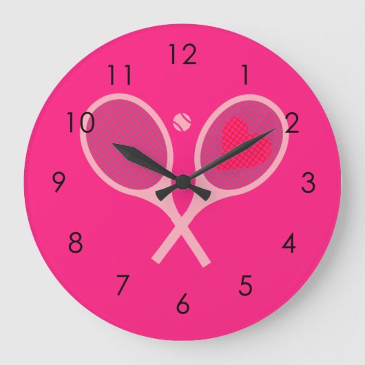 パステルハートテニスプレーヤーラケットピンクの少女 ラージ壁時計 (正面)