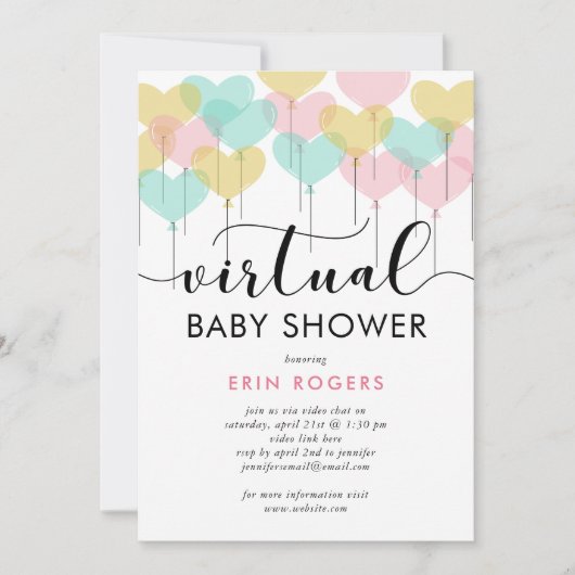 パステルハートバルーンバーチャルベビーシャワー 招待状 (正面)