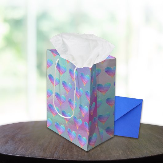 パステルハートレインボーパターン ミディアムペーパーバッグ