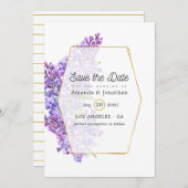 パステルバイオレットと金ゴールド幾何学的ハーバ結婚リウム セーブザデート (正面/裏面)