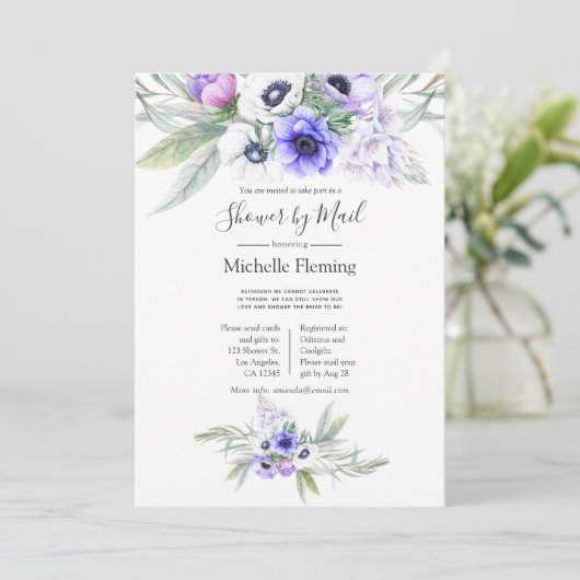 パステルバイオレットフローラベビーまたはブライダルシャワーバイメール 招待状 (スタンド正面)
