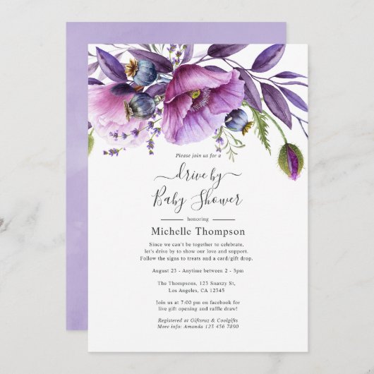 パステルバイオレットポピーフローラドライブバイシャワー 招待状 (正面/裏面)