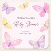 パステルバタフライピンクパープルベビーシャワー スクエアペーパーコースター (正面)