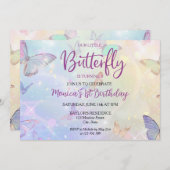 パステルバタフライベビーガールの誕生日 招待状 (正面/裏面)