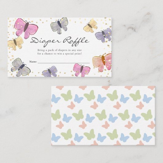 パステルバタフライベビーシャワーおむつラッフルチケット エンクロージャーカード (正面/裏面)