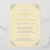 パステルバターイエローダスティブルーミニマルズ結婚 箔招待状 (正面)