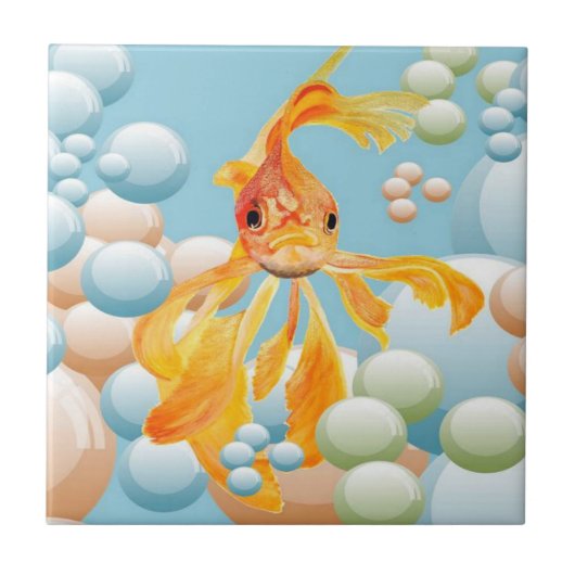 パステルバブル水に入った朱色の金魚 タイル (正面)