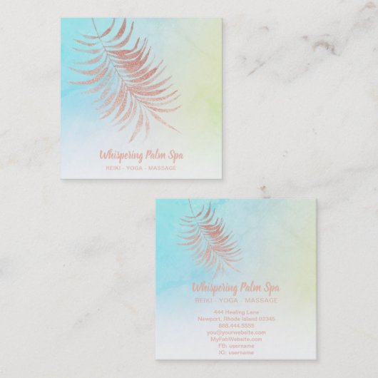 *~*パステルバラグラデーション金ゴールドパームブランチターコイズ スクエア名刺 (正面/裏面)