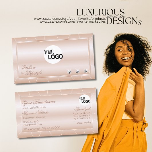 パステルバラコーラルウィズダイヤモンド&ロゴラグジュアリー 名刺