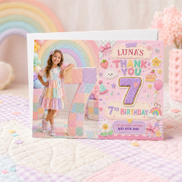 パステルパッチワークレインボー7歳の誕生日パーティーの女の子 サンキューカード