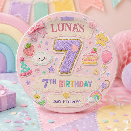 パステルパッチワークレインボー7歳の誕生日パーティーの女の子 ペーパープレート
