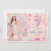 パステルパッチワークレインボー7歳の誕生日パーティーの女の子 招待状 (正面)