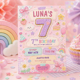 パステルパッチワークレインボー7歳の誕生日パーティーの女の子 招待状
