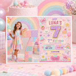 パステルパッチワークレインボー7歳の誕生日パーティーの女の子 招待状