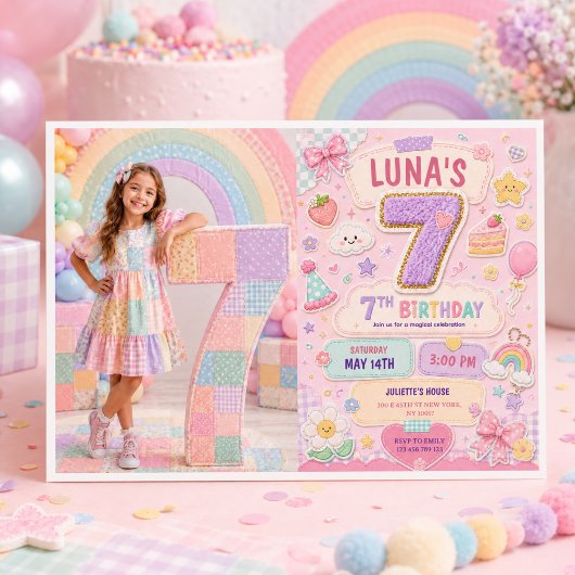 パステルパッチワークレインボー7歳の誕生日パーティーの女の子 招待状