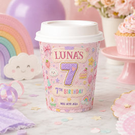 パステルパッチワークレインボー7歳の誕生日パーティーの女の子 紙コップ