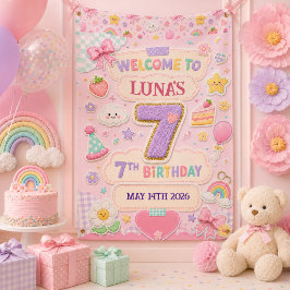 パステルパッチワークレインボー7歳の誕生日パーティー 女子 横断幕