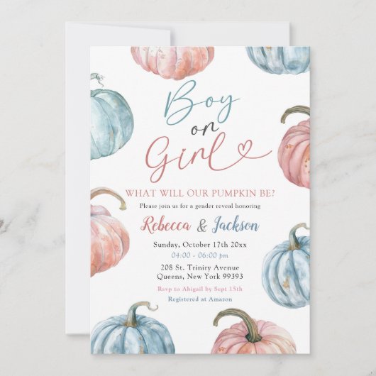 パステルパンプキンボーイまたは女の子の秋ジェンダーの表示 招待状 (正面)