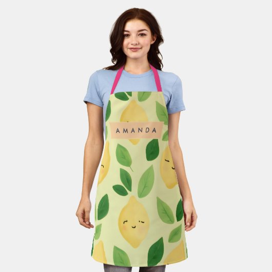 パステルパーソナライズされたかわいい笑顔レモンパターン エプロン (着用した状態)