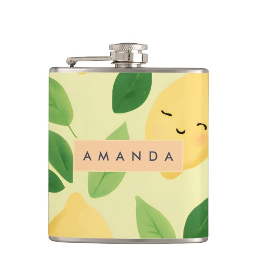 パステルパーソナライズされたかわいい笑顔レモンパターン フラスク (正面)