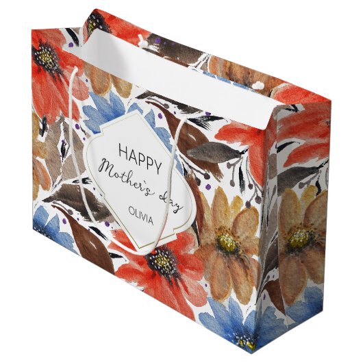 パステルパーソナライズされたブルーフローラ水の色パターン ラージペーパーバッグ (正面アングル)