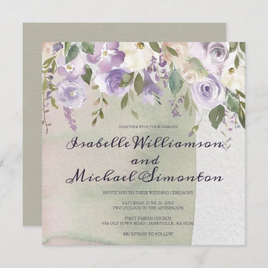 パステルパープルとアイボリー結婚式招待状 招待状 (正面/裏面)