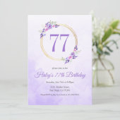 パステルパープルの花とゴールドのリースの77歳の誕生日 招待状 (スタンド正面)