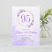 パステルパープルの花とゴールドのリースの95歳の誕生日 招待状 (スタンド正面)