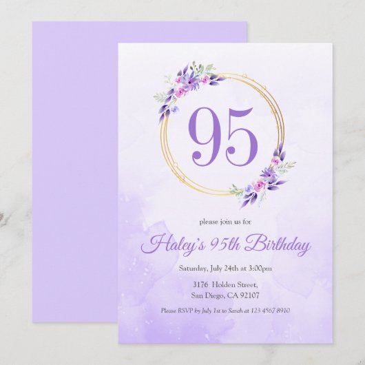パステルパープルの花とゴールドのリースの95歳の誕生日 招待状 (正面/裏面)