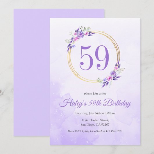 パステルパープルの花と金のリースの59歳の誕生日 招待状 (正面/裏面)