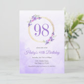 パステルパープルの花と金のリース 98歳の誕生日おめでとう 招待状 (スタンド正面)