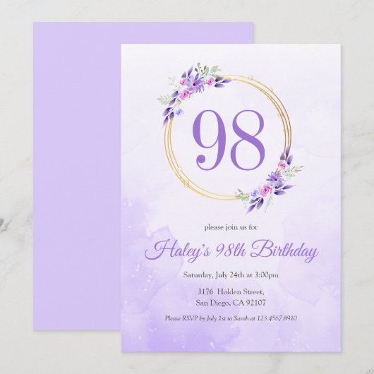 パステルパープルの花と金のリース 98歳の誕生日おめでとう 招待状 (正面/裏面)