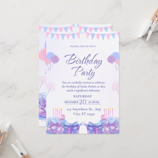 パステルパープルの風船 誕生日パーティー (正面/裏面インサイチュ)