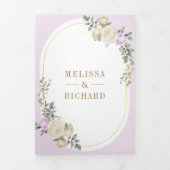 パステルパープルアイボリーフローラ金ゴールドオールインワン結婚ズ 三つ折り招待状 (カバー)