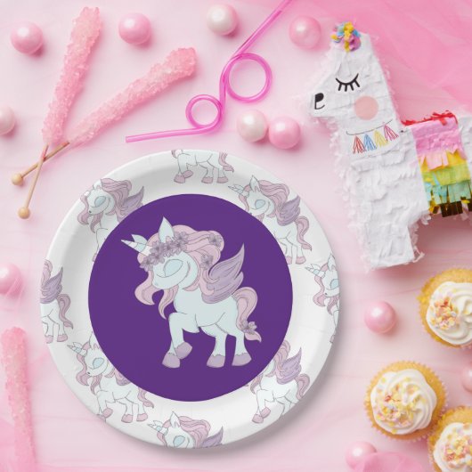 パステルパープルアンドホワイトユニコーン紙プレート ペーパープレート (パーティー)