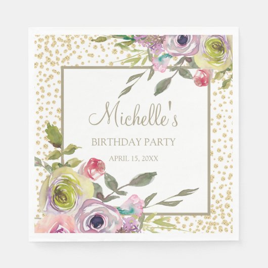 パステルパープルイエローフローラ金ゴールドグリッター誕生日 スタンダードランチョンナプキン (正面)
