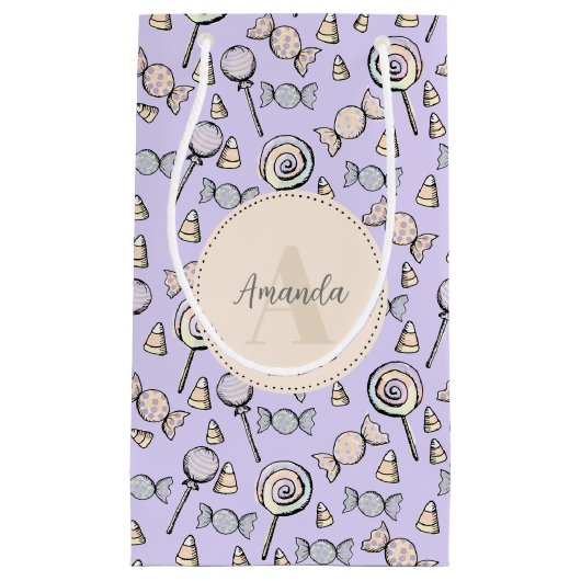 パステルパープルキャンディテーマモノグラムアンドネーム スモールペーパーバッグ (正面)