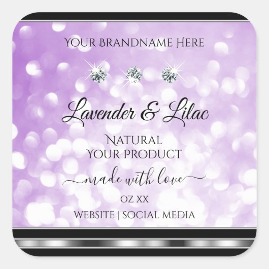 パステルパープルグリッター製品ラベルとダイヤモンド スクエアシール (正面)