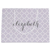 パステルパープルグレイクローバーパターン名前をカスタムする ラージペーパーバッグ (正面)