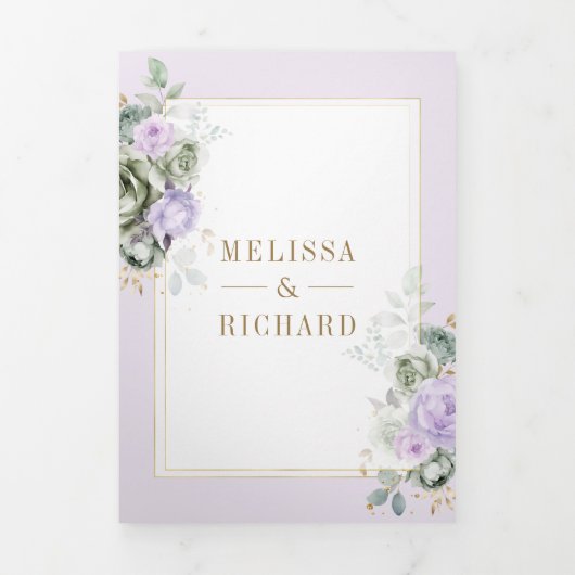 パステルパープルセージ緑フローラオールインワン結婚ズ 三つ折り招待状 (カバー)