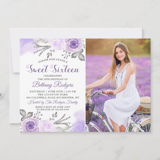 パステルパープルバラガーデンスウィート16誕生日写真 招待状 (正面)