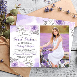 パステルパープルバラガーデンスウィート16誕生日写真 招待状