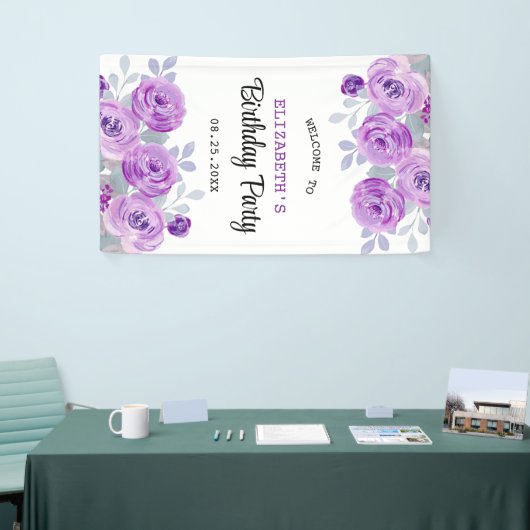 パステルパープルバラグリーナリー誕生日ウェルカム 横断幕 (トレードショー)