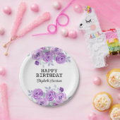 パステルパープルバラフローラグリーンリーハッピーバースデー ペーパープレート (パーティー)